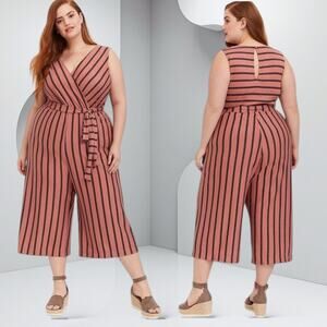 TORRID Textured Knit Wide Leg Jumpsuit Culotte Palazzo Tie Waist Striped Pink 3X